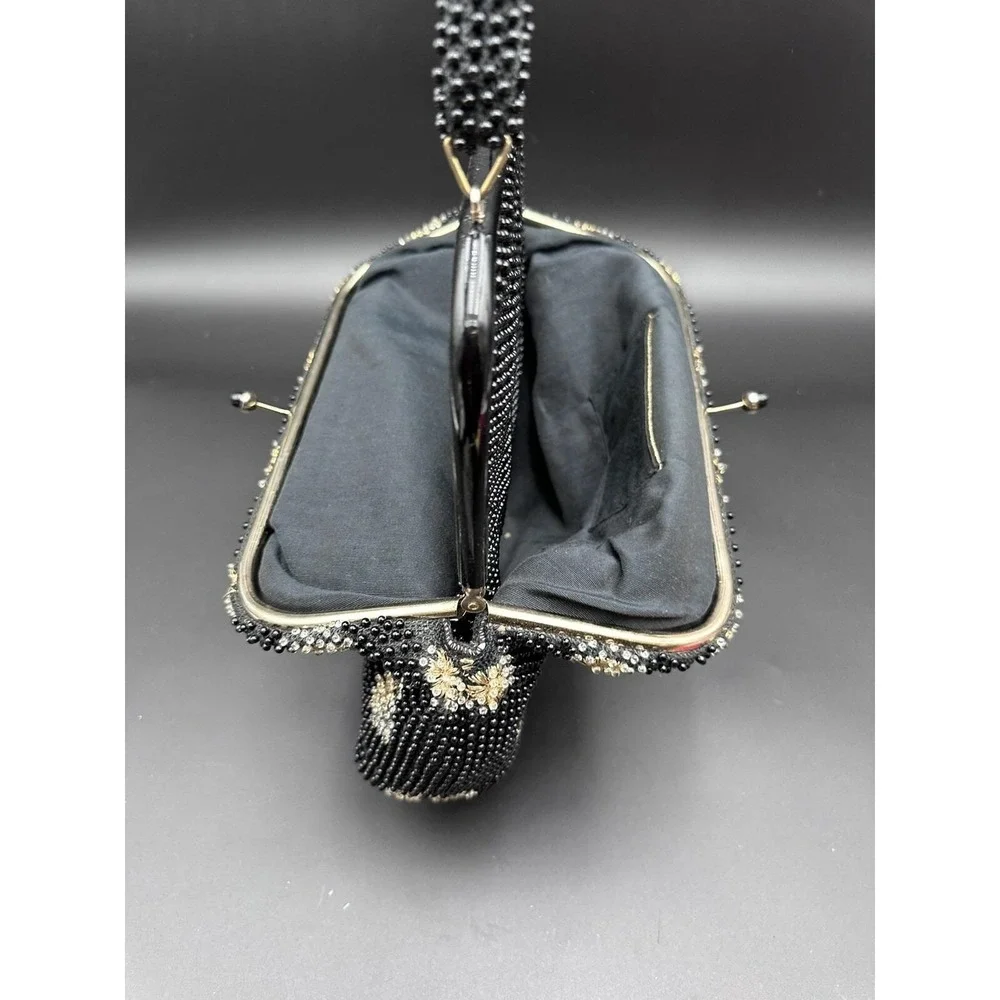 Vintage Corde‎ Bead Lumured reversible beaded handbag purse black floral pattern